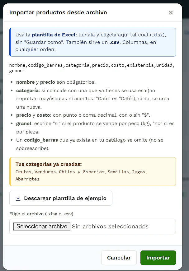 Importar productos excel en De la Venta