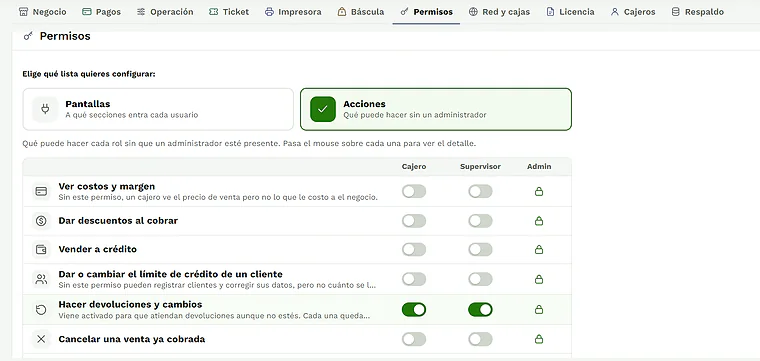 Permisos acciones en De la Venta